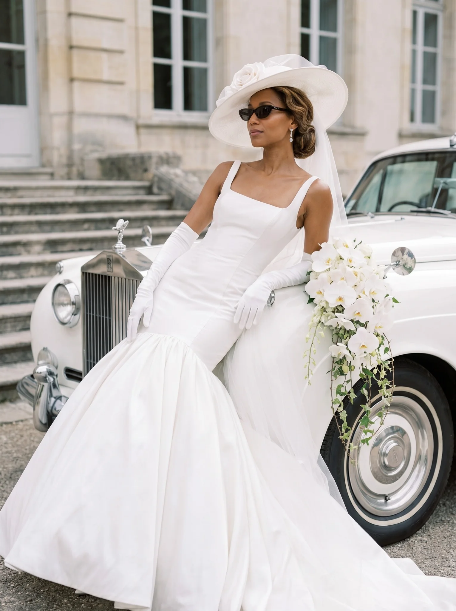 Haus of Vireo bride in a sculpted ivory gown beside a vintage motorcar