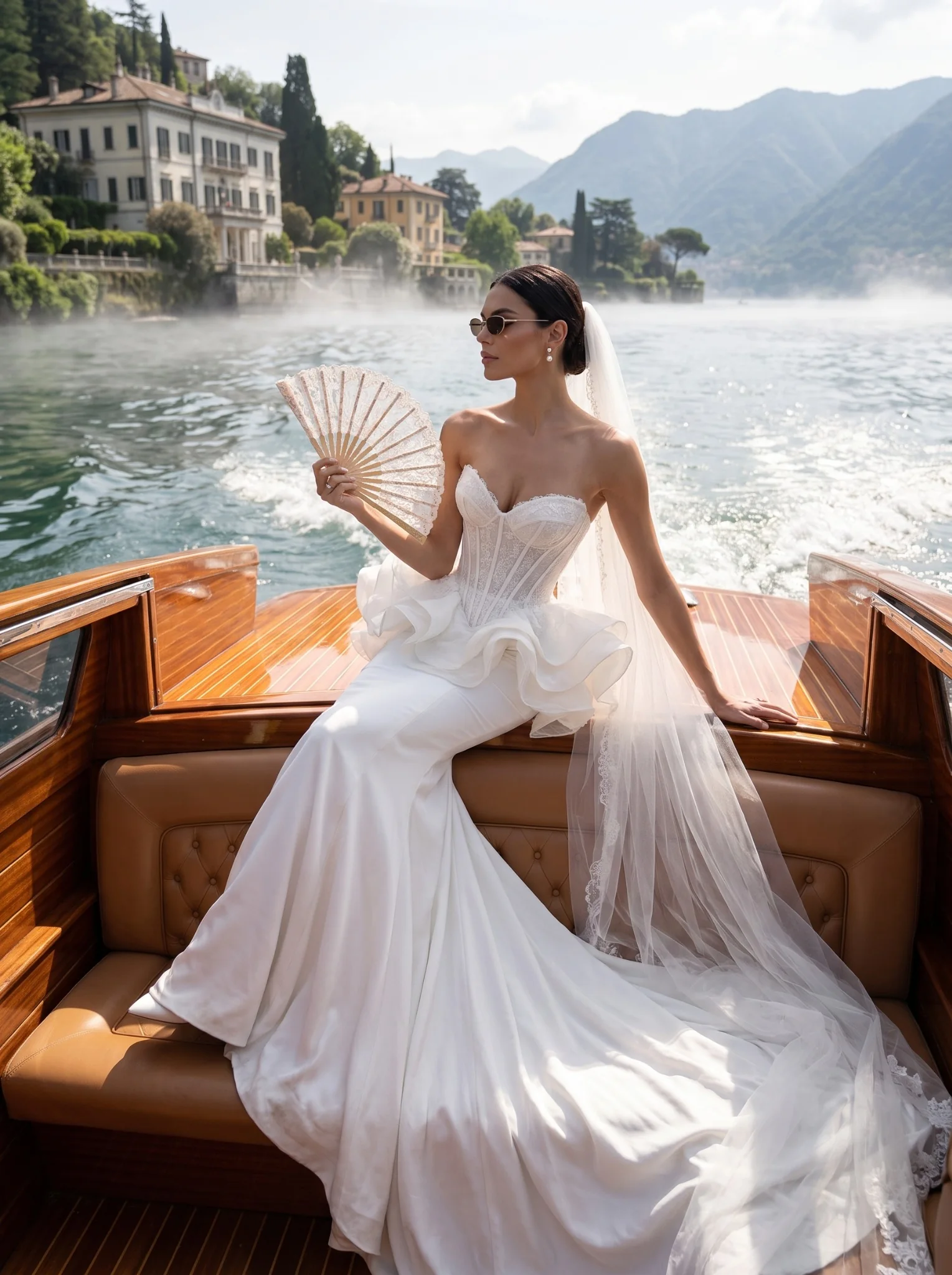 Look 02 Lake Como bride seated aboard a boat in a sculpted corset gown